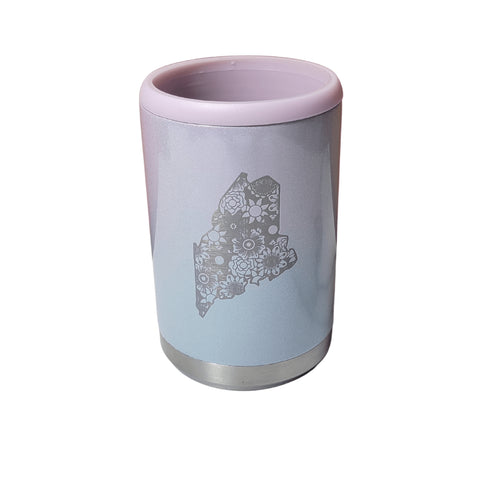 Maine Floral Engraved  Beer Can Cooler- White Ombre Glitter